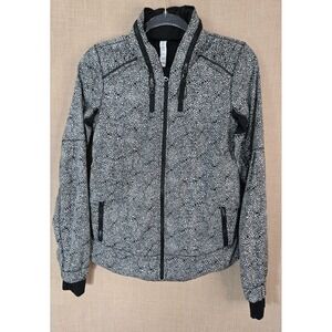Lululemon Athletica Full Zip Jacket Black White Floral Burst Thumbholes Size 4